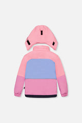 Pink and purple colorblock PLAY jacket with hood, back view