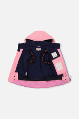 Pink and purple PLAY jacket opened to show the navy lining and inside straps