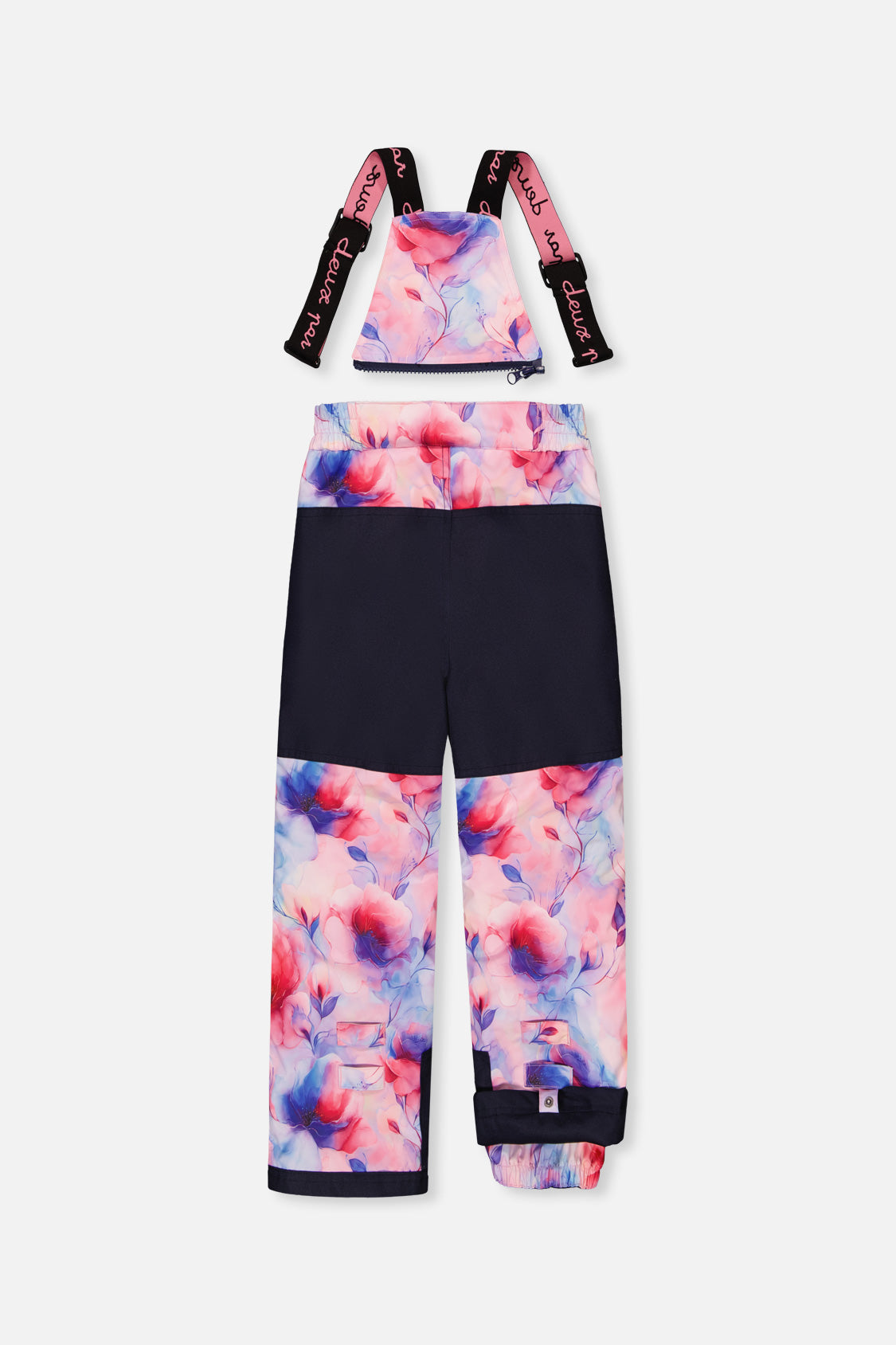 Watercolor floral PLAY snow pants with navy seat panel, back view