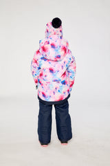 Child wearing the Deux par Deux PLAY snowsuit in mauve floral and navy, third lookbook photo