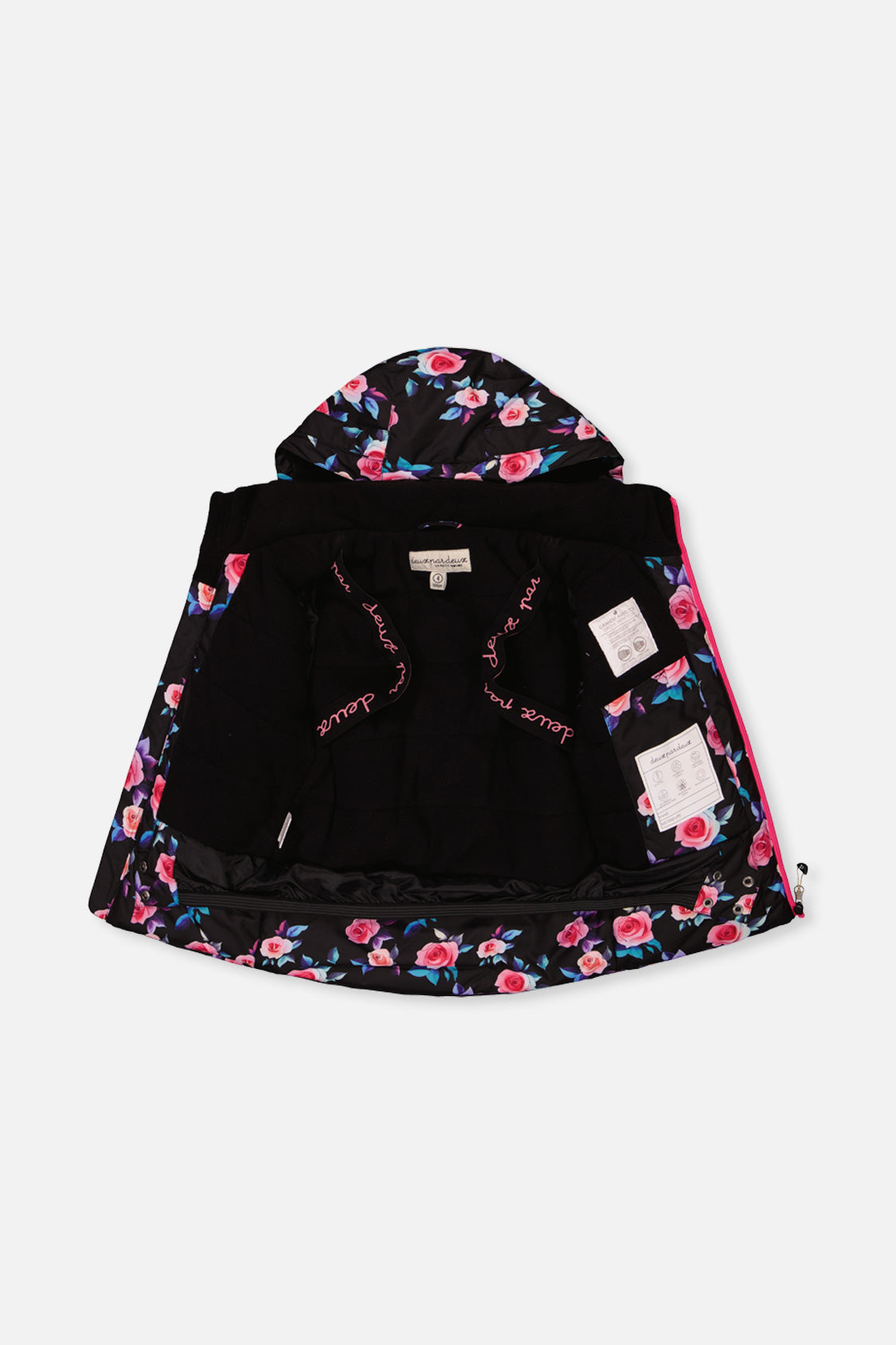 Deux par Deux rose-print PLAY jacket opened to show the black lining and inner straps