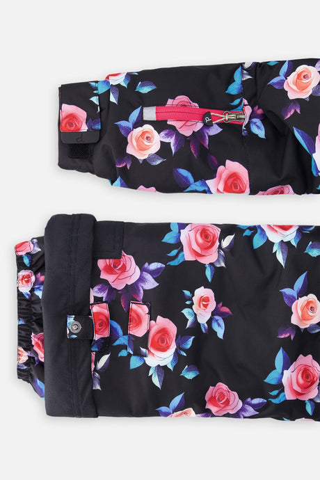 Deux par Deux girls' PLAY two-piece snowsuit in black rose print, alternate studio shot
