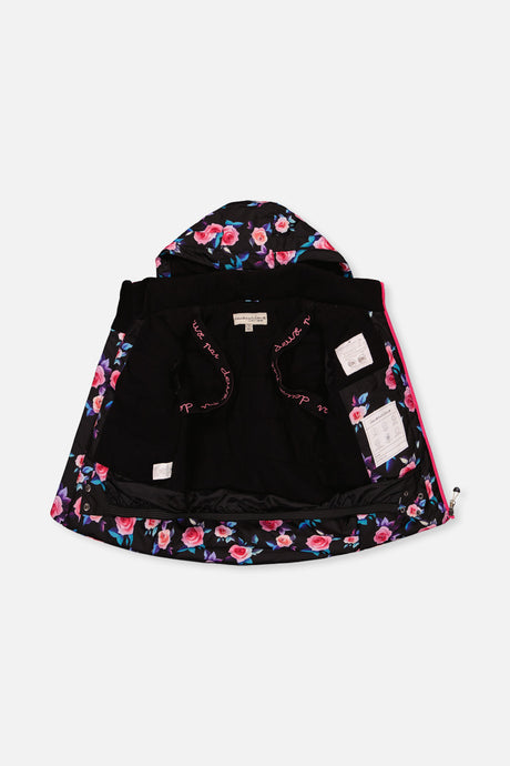 Deux par Deux girls' PLAY two-piece snowsuit in black rose print, additional angle