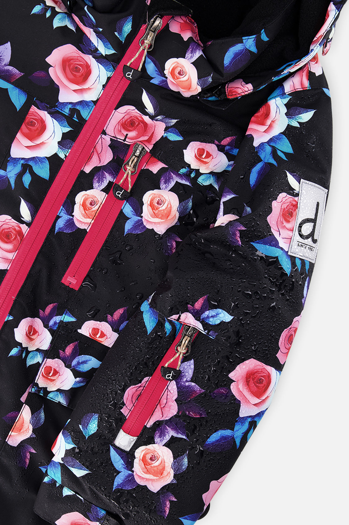 Deux par Deux girls' PLAY two-piece snowsuit in black rose print, additional studio angle