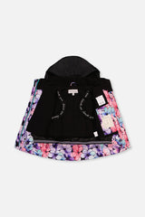 Purple floral PLAY jacket opened to show the black fleece lining