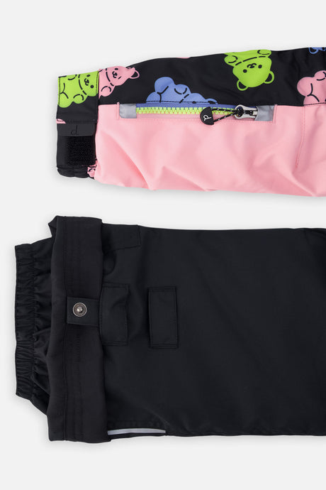 Grow-with-me sleeve extension and adjustable pant hem on the gummy bear snowsuit