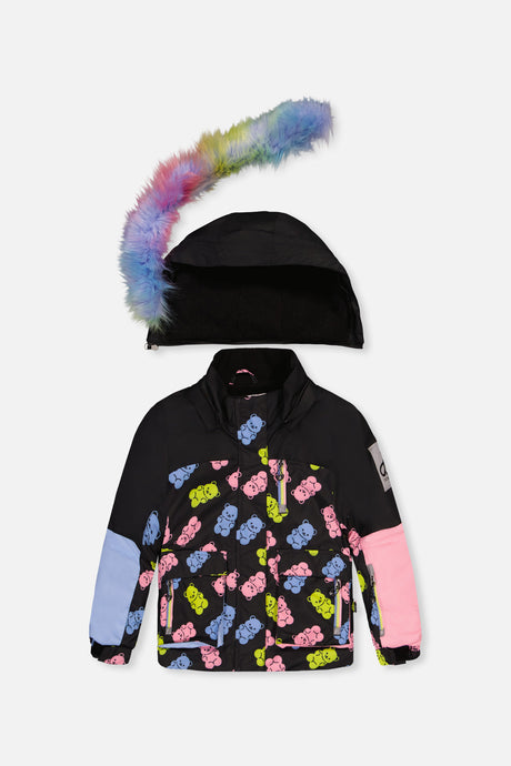 Black gummy bear print PLAY jacket with pink and lilac sleeves and rainbow faux-fur hood, front view