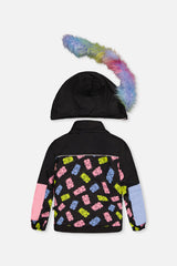Back view of the black gummy bear print PLAY jacket with rainbow faux-fur hood