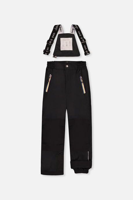 Black PLAY snow bib pants with reinforced knees, front view