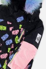 Close-up of the gummy bear print, pink sleeve and rainbow faux fur on the PLAY jacket
