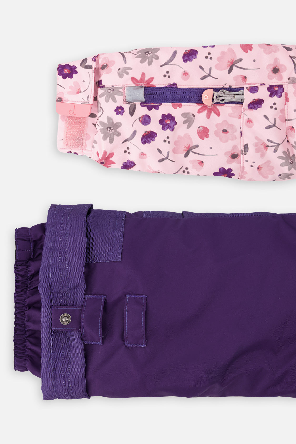 Deux par Deux girls' PLAY snowsuit with pink mini flower jacket and navy snow pants, additional product view