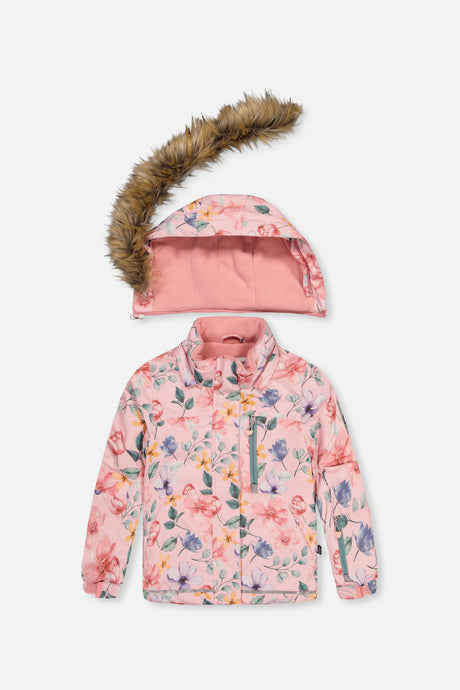 Deux par Deux girls' PLAY snowsuit, pink vintage floral jacket and green pants, back view