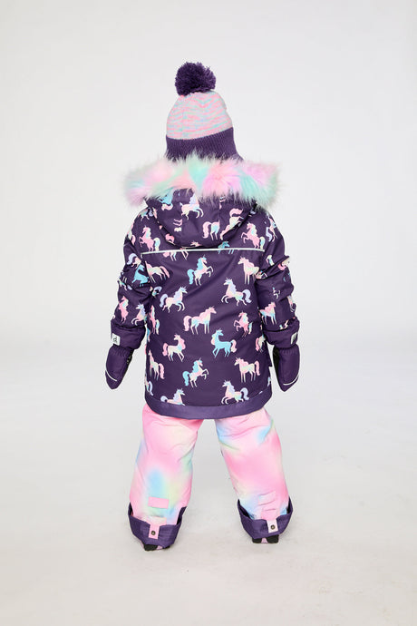 Two Piece Play Snowsuit Purple Unicorn Print With Multicolored Pants-3