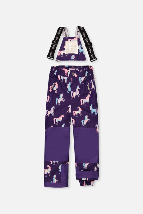 Deux par Deux purple unicorn-print PLAY bib snow pants with suspenders and reinforced knees, front view