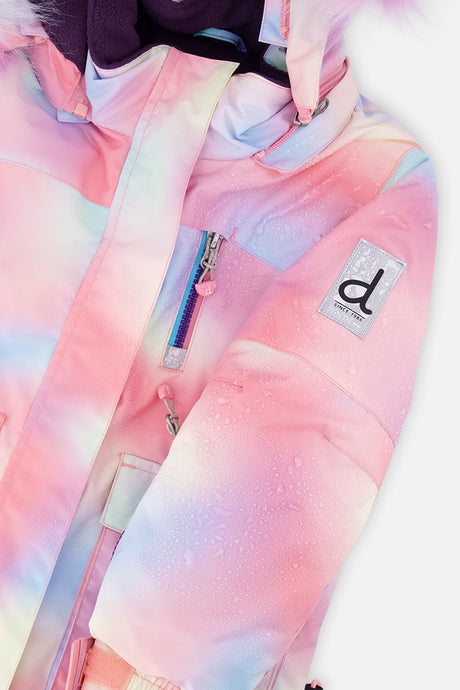 Close-up of the multicolored PLAY jacket front zipper, chest pocket and sleeve logo patch