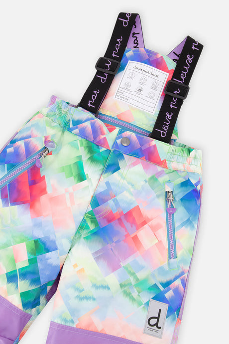 Deux par Deux girls' PLAY snowsuit with multicolored diamond-print snow pants, further studio view
