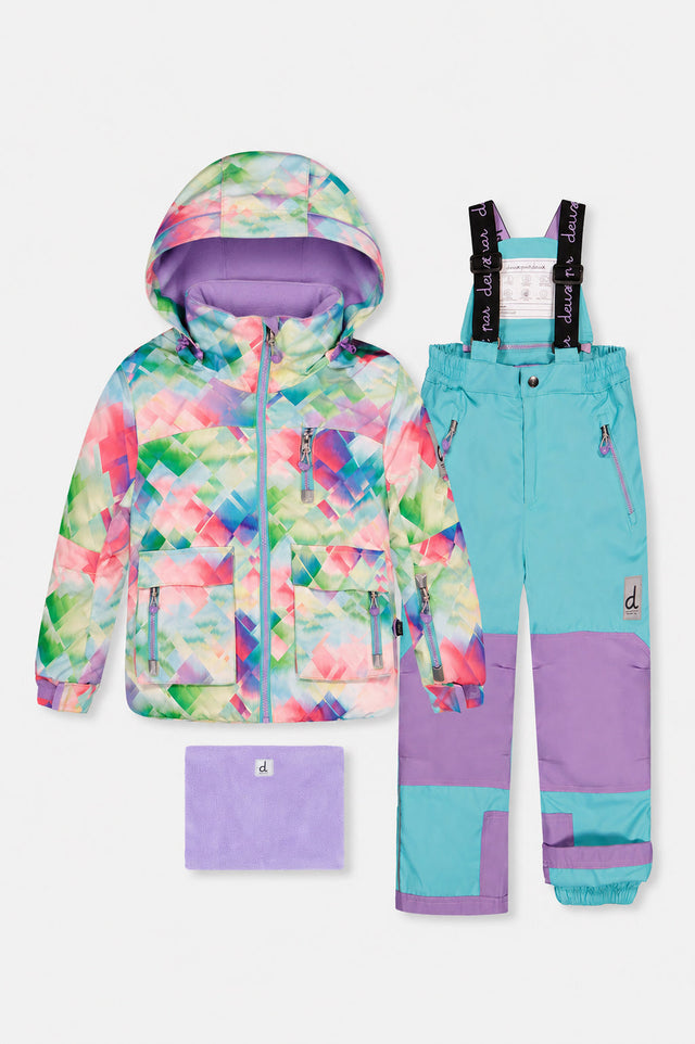 Two Piece Play Snowsuit Multicolored With A Diamond Pattern With Turquoise And Purple Pants-0