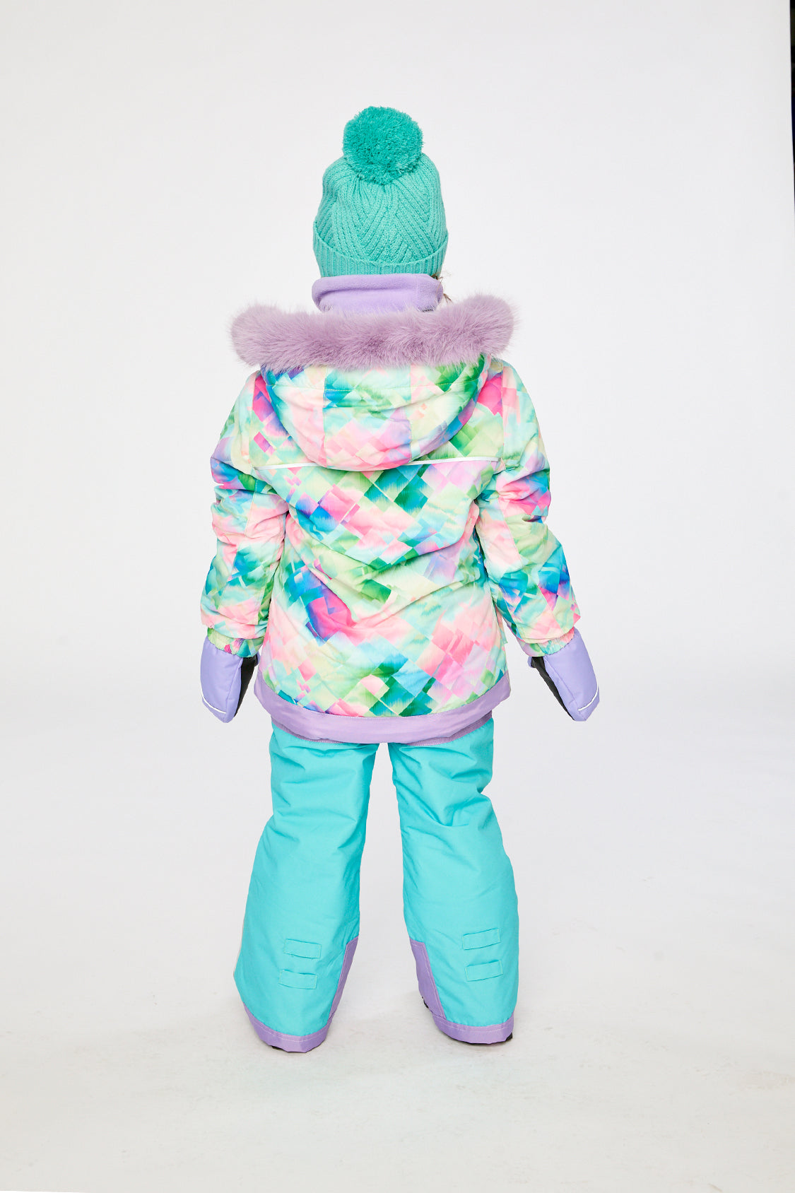 Deux par Deux Two Piece Play Snowsuit Multicolored With A Diamond Pattern With Turquoise And Purple Pants
