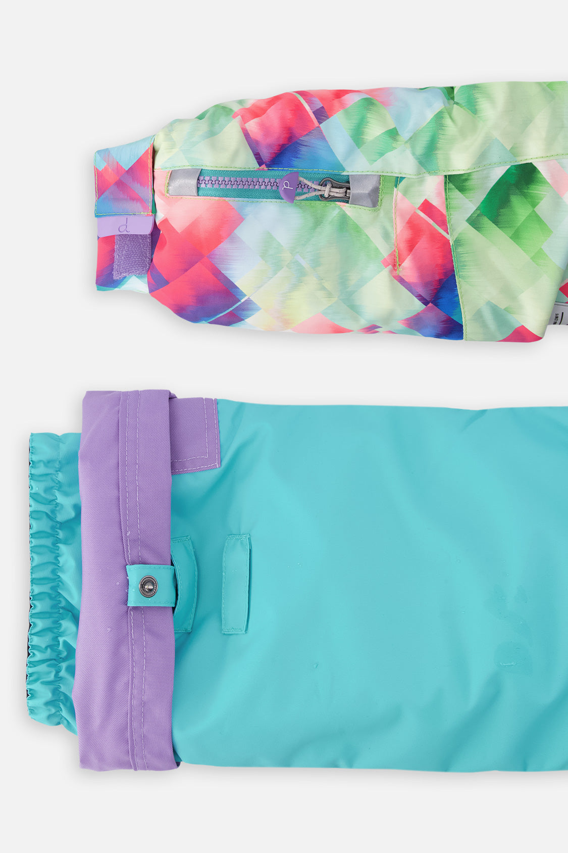 Deux par Deux Two Piece Play Snowsuit Multicolored With A Diamond Pattern With Turquoise And Purple Pants