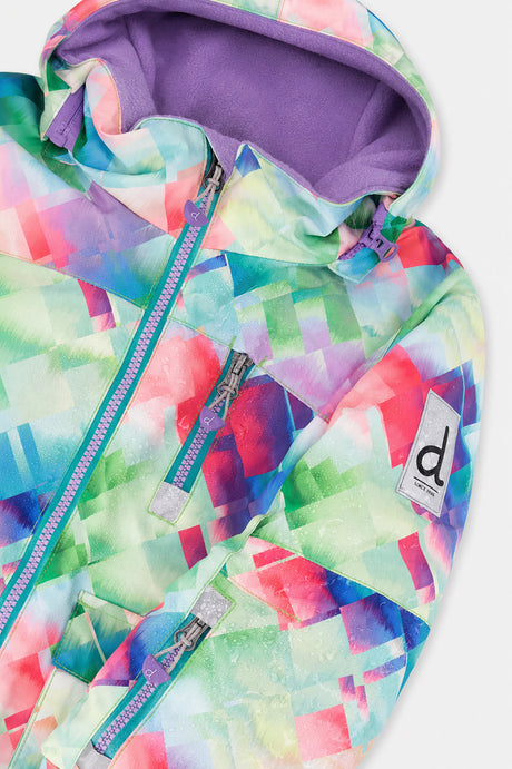 Deux par Deux girls' PLAY snowsuit with diamond-print jacket and turquoise and purple pants, additional studio angle