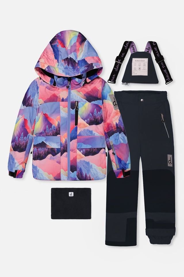 Two Piece Play Snowsuit Pink Mountain Print With Black Pants-0