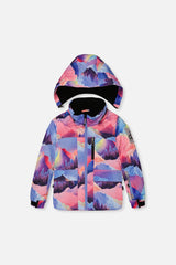 Pink mountain-print PLAY jacket with hood, front view