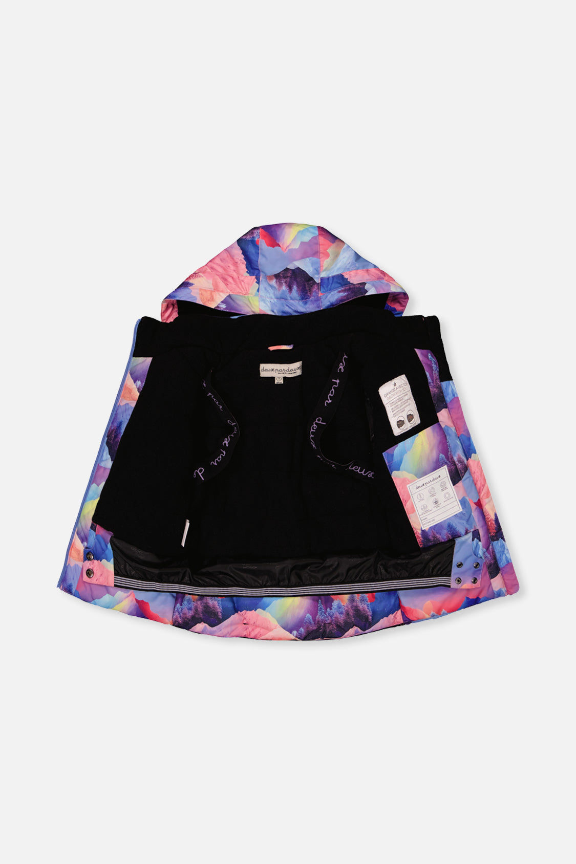 Pink mountain-print PLAY jacket opened to show the black fleece lining and inner straps