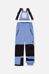Blue PLAY bib snow pants with suspenders and black reinforced knees, front view