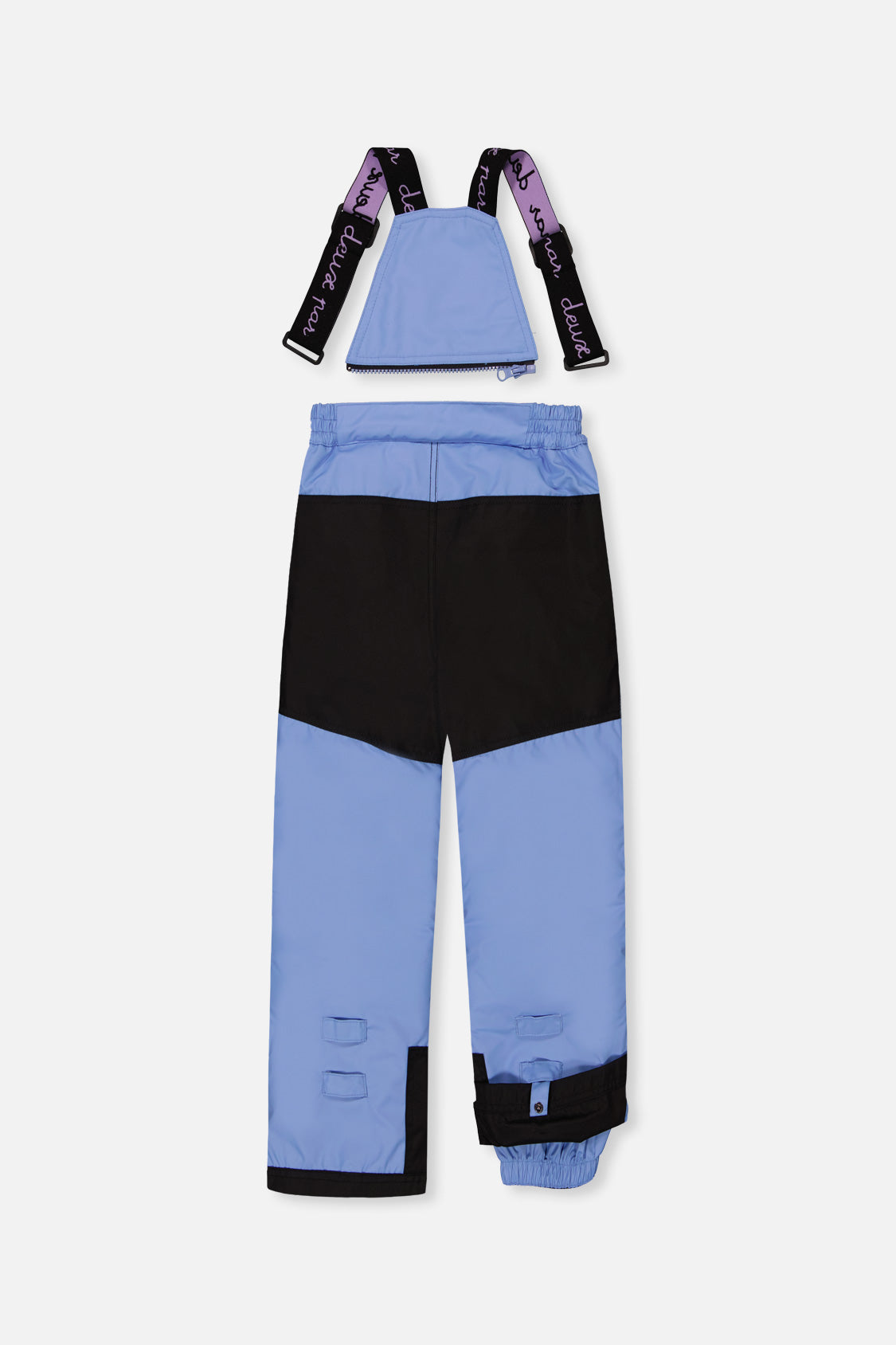 Blue PLAY bib snow pants with black reinforced seat, back view