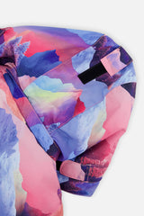 Close-up of the pink mountain-print hood and shoulder of the PLAY jacket