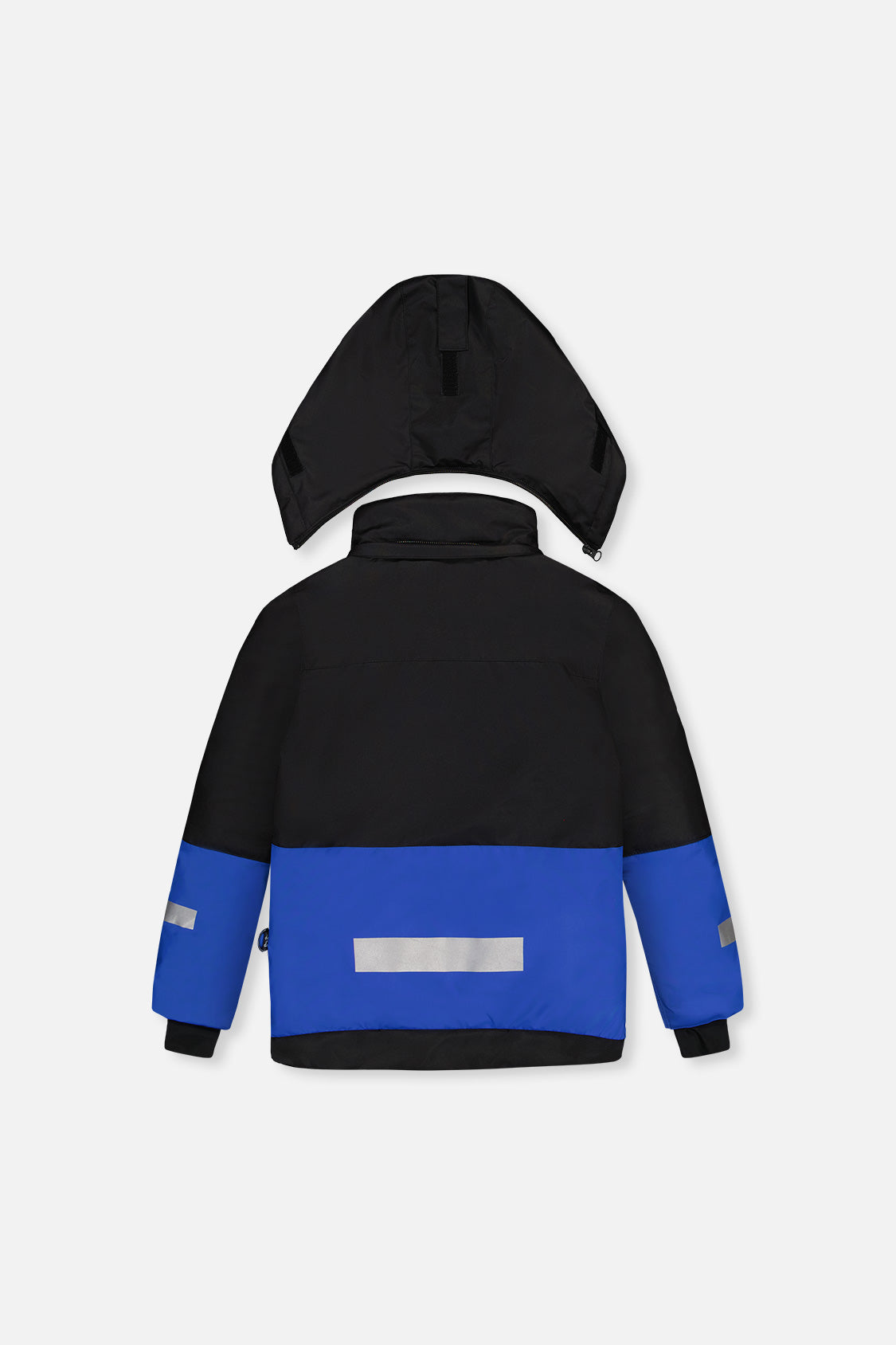 Deux par Deux boys' Teknik two-piece snowsuit in black and royal blue – jacket, back view