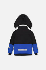 Deux par Deux boys' Teknik two-piece snowsuit in black and royal blue – jacket, back view