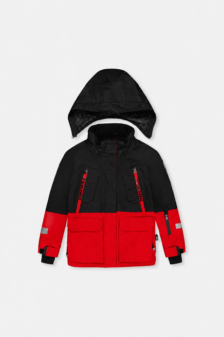 Deux par Deux kids' TEKNIK two-piece snowsuit, red jacket with black pants – jacket front view