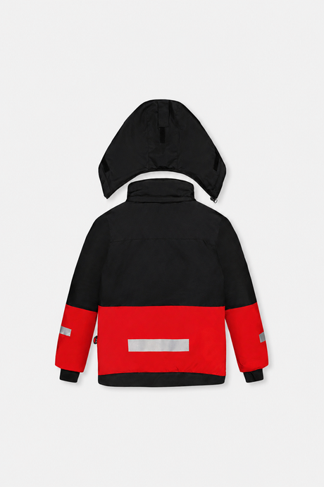 Deux par Deux kids' TEKNIK two-piece snowsuit, red jacket with black pants – jacket back view