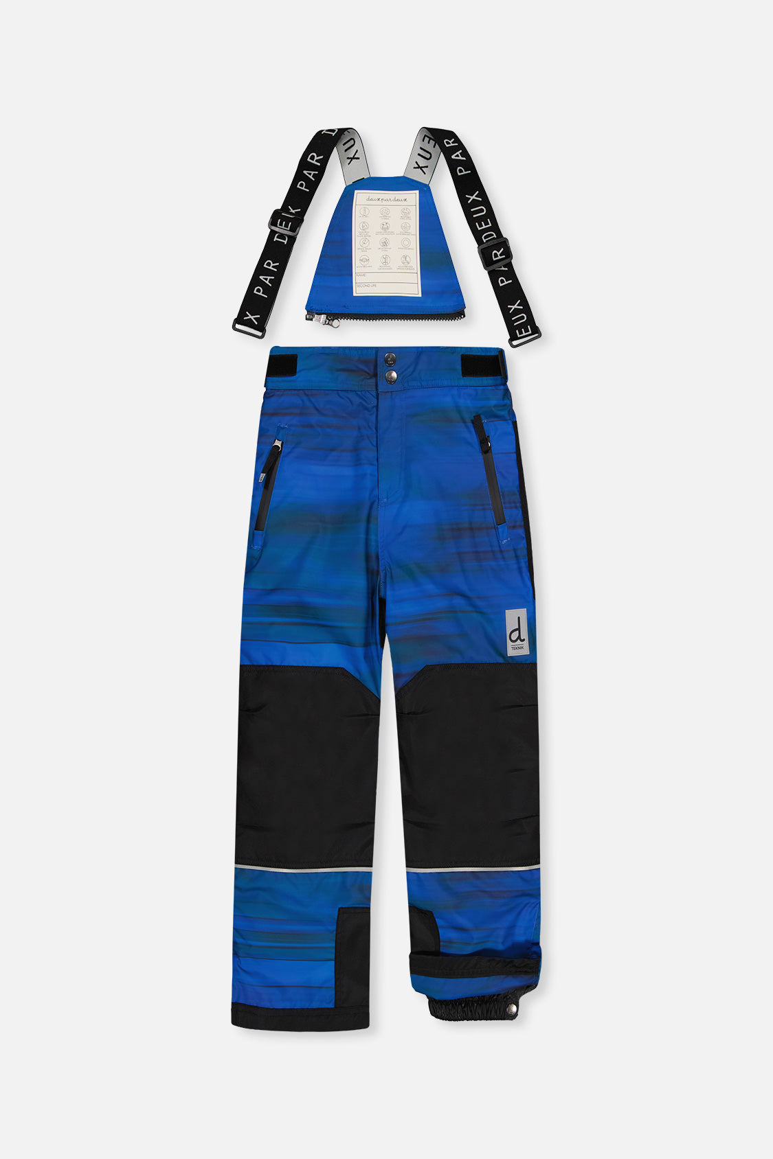 Deux par Deux boys' TEKNIK two-piece snowsuit in royal blue and yellow, another studio view