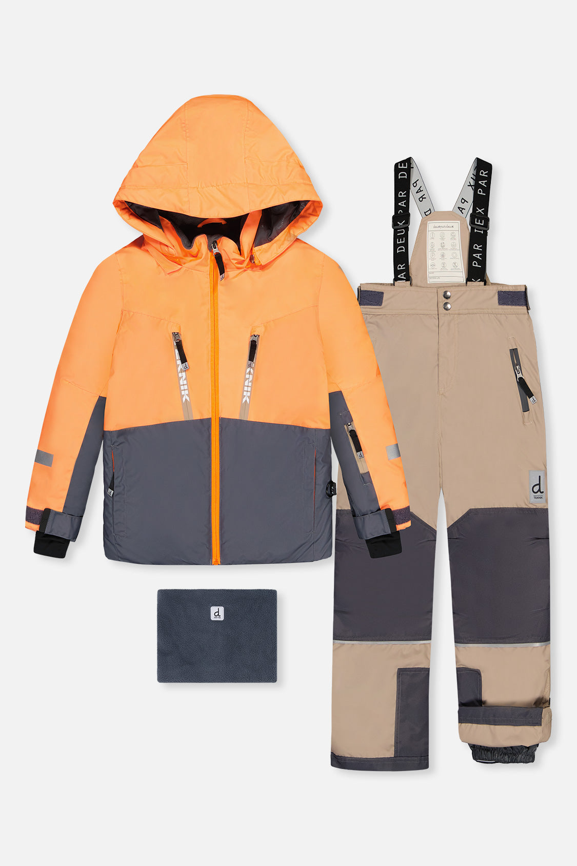 Two Piece Teknik Snowsuit Bright Orange Grey And Taupe-0