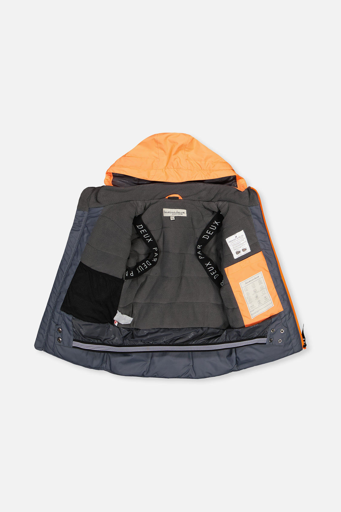 Deux par Deux boys' TEKNIK two-piece snowsuit in bright orange, grey and taupe, additional angle