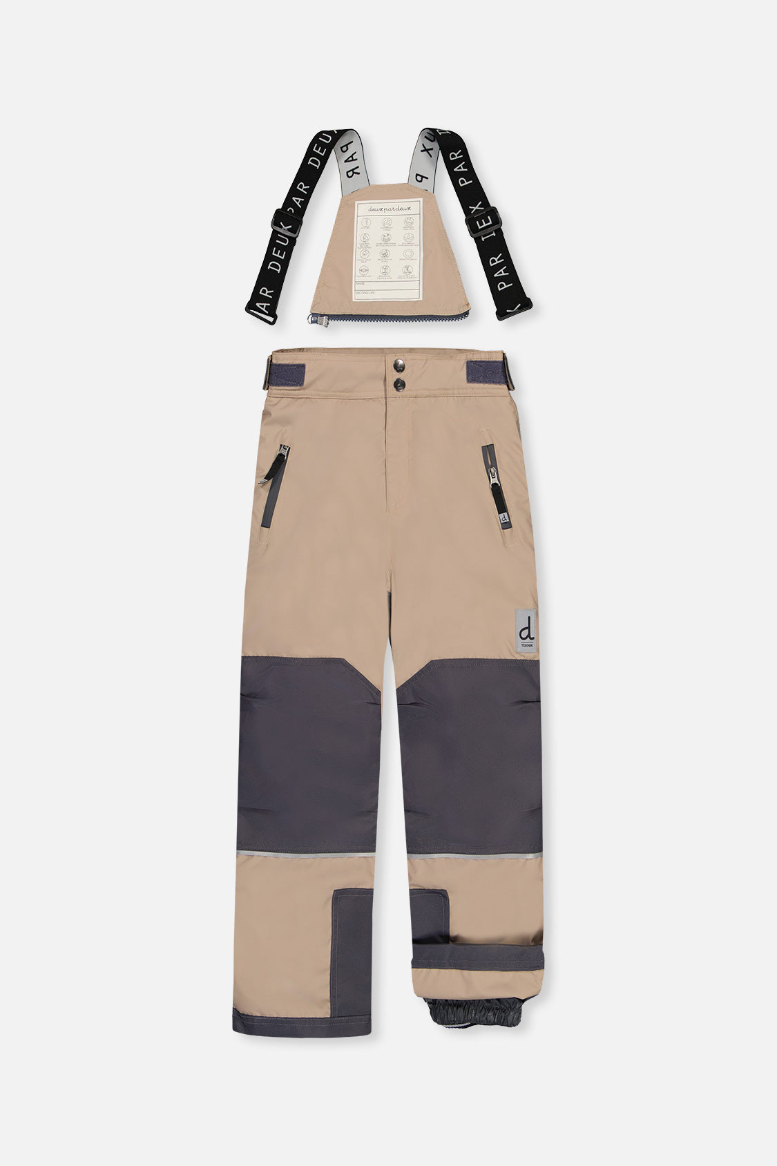 Deux par Deux boys' TEKNIK two-piece snowsuit in bright orange, grey and taupe, another studio view