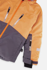Deux par Deux boys' TEKNIK two-piece snowsuit in bright orange, grey and taupe, additional studio angle