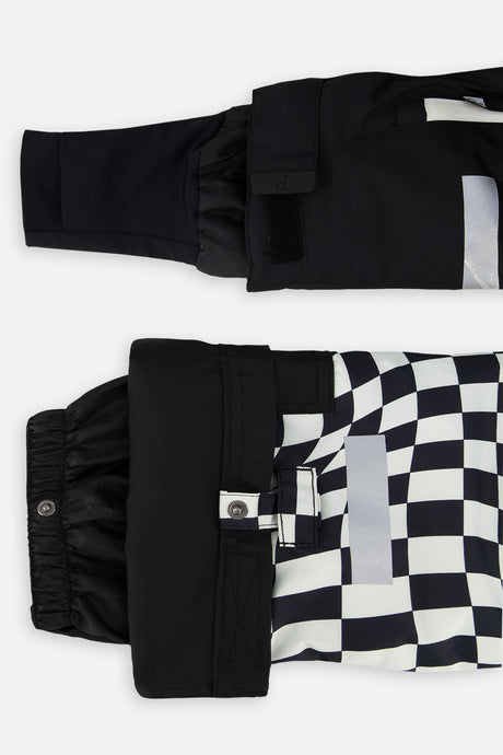 Deux par Deux boys' TEKNIK snowsuit with black jacket and white checkered snow pants, another product angle
