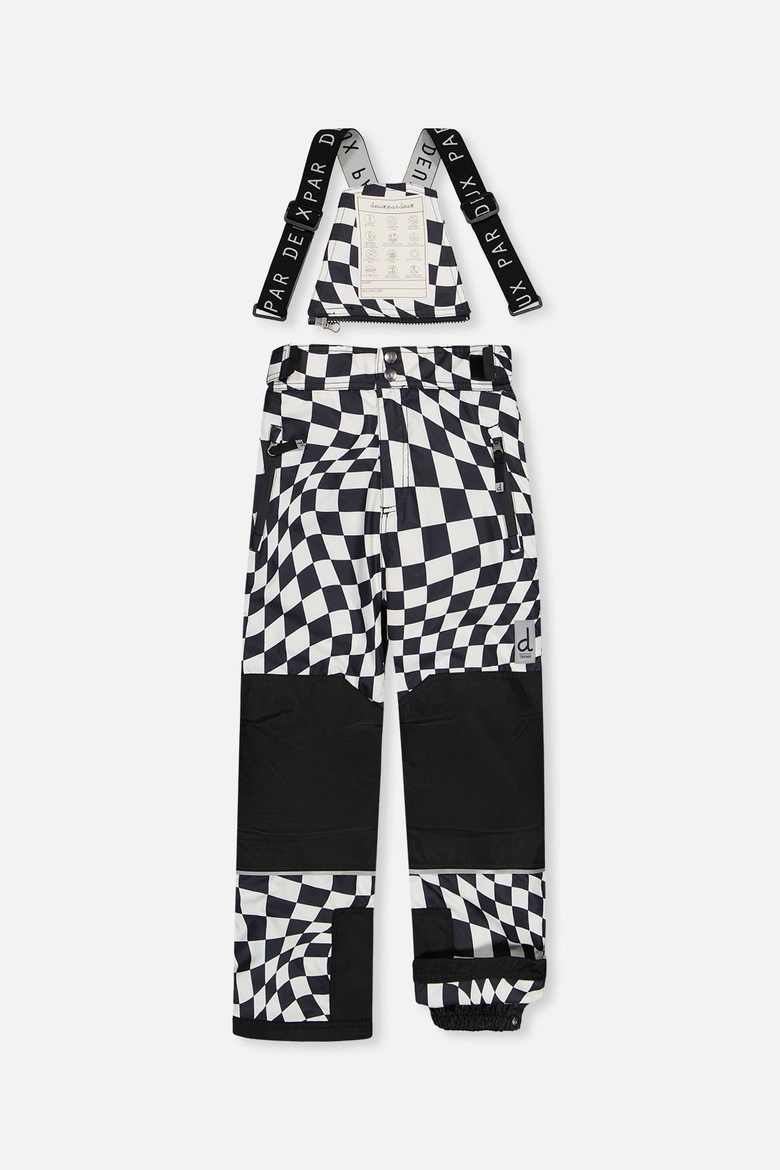 Deux par Deux boys' TEKNIK snowsuit with black jacket and white checkered snow pants, another studio view