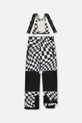 Deux par Deux boys' TEKNIK snowsuit with black jacket and white checkered snow pants, another studio view