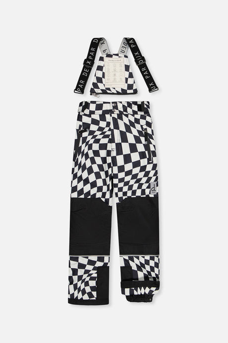 Deux par Deux boys' TEKNIK snowsuit with black jacket and white checkered snow pants, another studio view