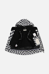 Checkered TEKNIK jacket opened to show the black fleece lining and inner straps