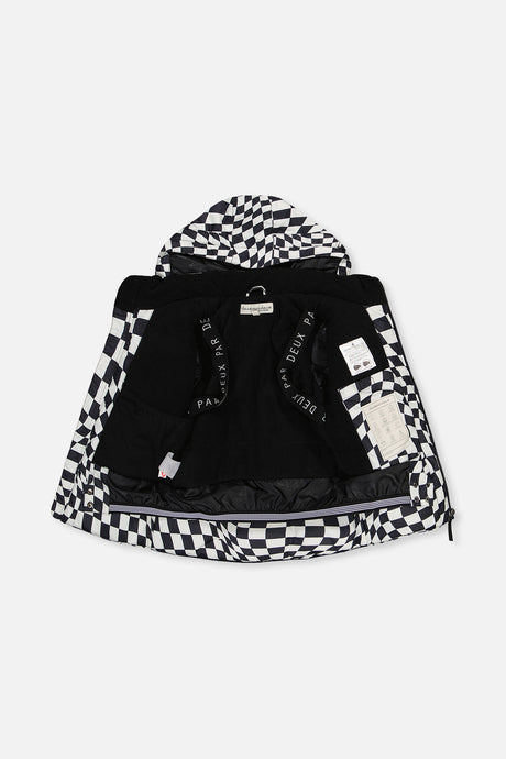 Checkered TEKNIK jacket opened to show the black fleece lining and inner straps