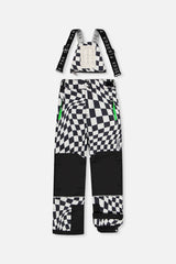 Checkered TEKNIK snow bib pants with black reinforced knees, front view