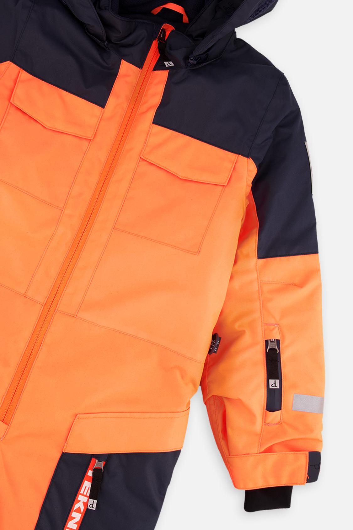 Deux par Deux boys' Teknik one-piece snowsuit in bright orange and blue – product view 5