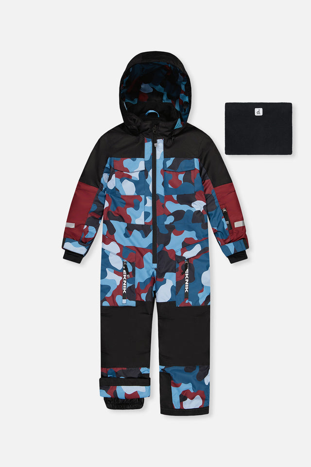 Kids One Piece Teknik Snowsuit Blue And Red Camouflage-0