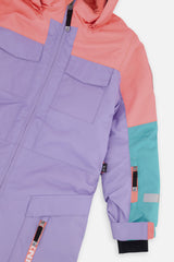 Deux par Deux lavender, turquoise and orange Teknik one-piece snowsuit, detail view 3