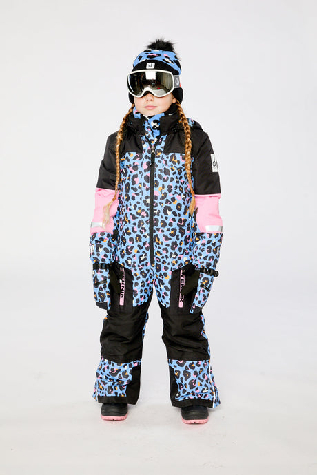 Deux par Deux girls' TEKNIK one-piece snowsuit in blue leopard print – worn by a model, view 2